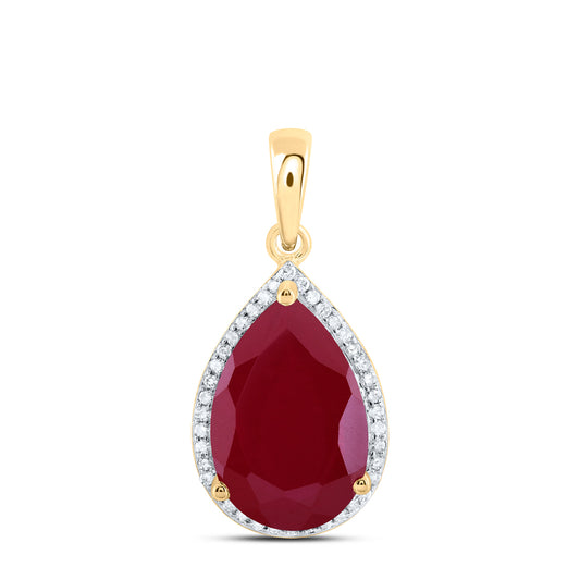 10kt Yellow Gold 1/6 Cttw Natural Diamond 15x10 Mm Pear Ruby Synthetic Pendant