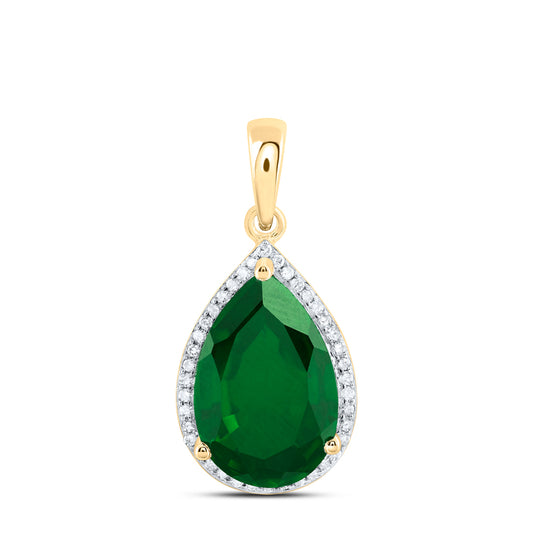 10kt Yellow Gold 1/6 Cttw Natural Diamond 15x10 Mm Pear Emerald Synthetic Pendant