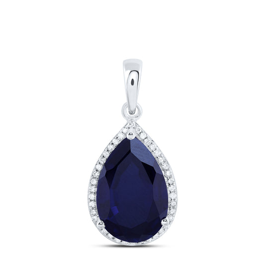 10kt White Gold 1/6 Cttw Natural Diamond 15x10 Mm Pear Blue Sapphire Synthetic Pendant