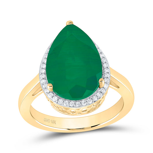 10kt Yellow Gold 1/6 Cttw Natural Diamond 15x10 Mm Pear Emerald Synthetic Wedding Engagement Anniversary Ring, Women Size: 5-9