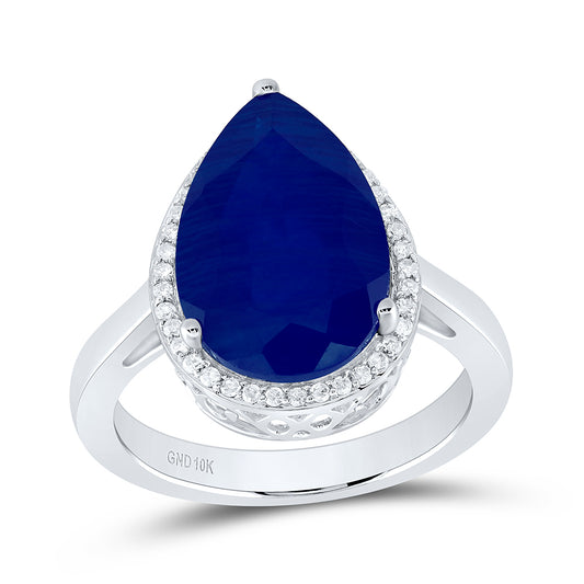 10kt White Gold 1/6 Cttw Natural Diamond 15x10 Mm Pear Blue Sapphire Synthetic Wedding Engagement Anniversary Ring, Women Size: 5-9
