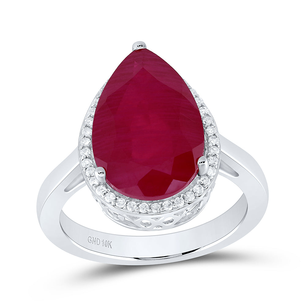 10kt White Gold 1/6 Cttw Natural Diamond 15x10 Mm Pear Ruby Synthetic Wedding Engagement Anniversary Ring, Women Size: 5-9
