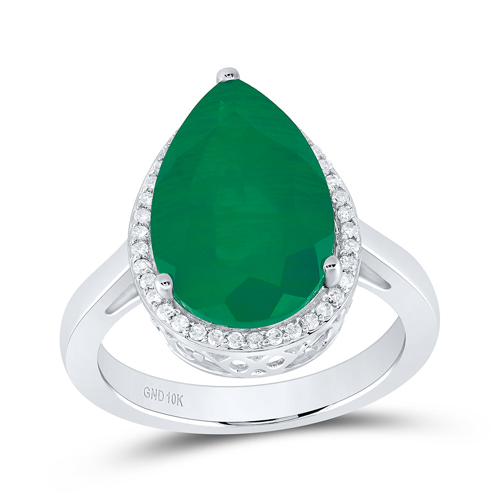 10kt White Gold 1/6 Cttw Natural Diamond 15x10 Mm Pear Emerald Synthetic Wedding Engagement Anniversary Ring, Women Size: 5-9