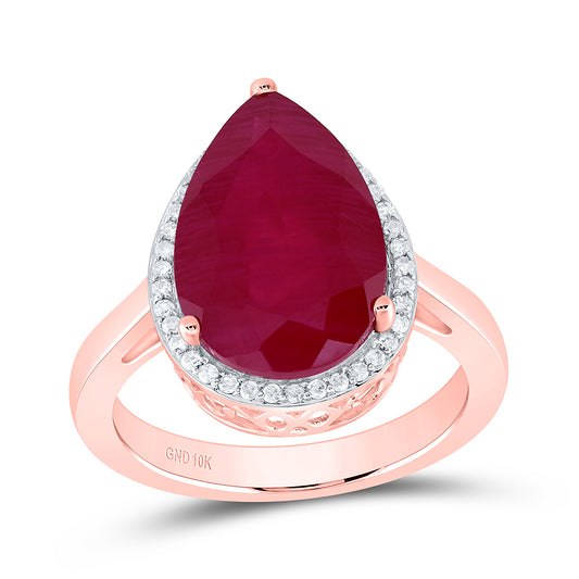 10K Rose Gold 1/6Ctw Natural Diamond P1 15X10Mm Pear Ruby Synthetic Ring