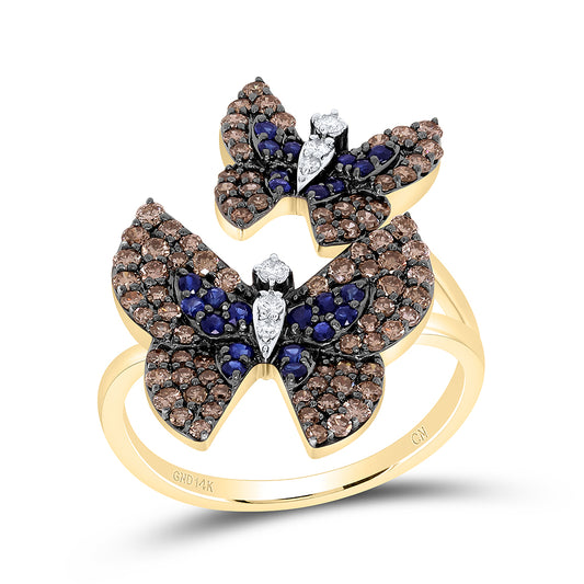 14kt Yellow Or White Gold Natural Diamond and Round Blue Sapphire Natural Gem Butterfly Wedding Engagement Anniversary Ring