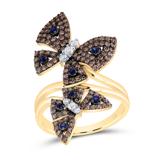 14kt Yellow Or White Gold Natural Diamond and Round Blue Sapphire Natural Gem Butterfly Wedding Engagement Anniversary Ring