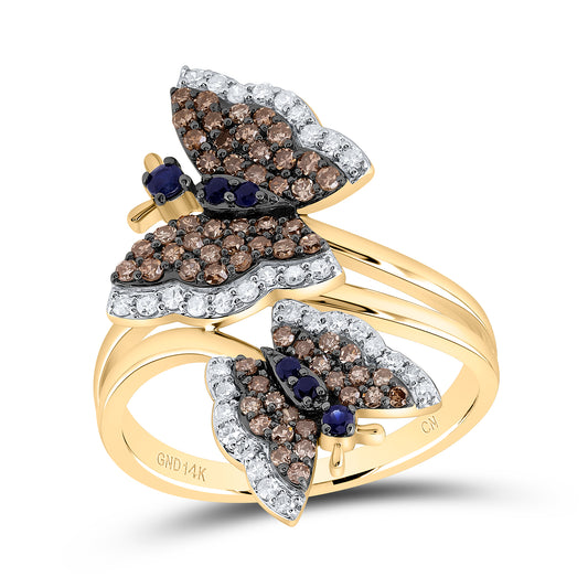 14kt Yellow Gold 3/4 Cttw Natural Diamond and 1/10 Cttw Round Blue Sapphire Natural Gem Wedding Engagement Anniversary Butterfly Ring, Women Size: 5-9
