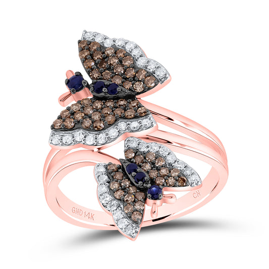 14kt Rose Gold 3/4 Cttw Natural Diamond and 1/10 Cttw Round Blue Sapphire Natural Gem Wedding Engagement Anniversary Butterfly Ring, Women Size: 5-9