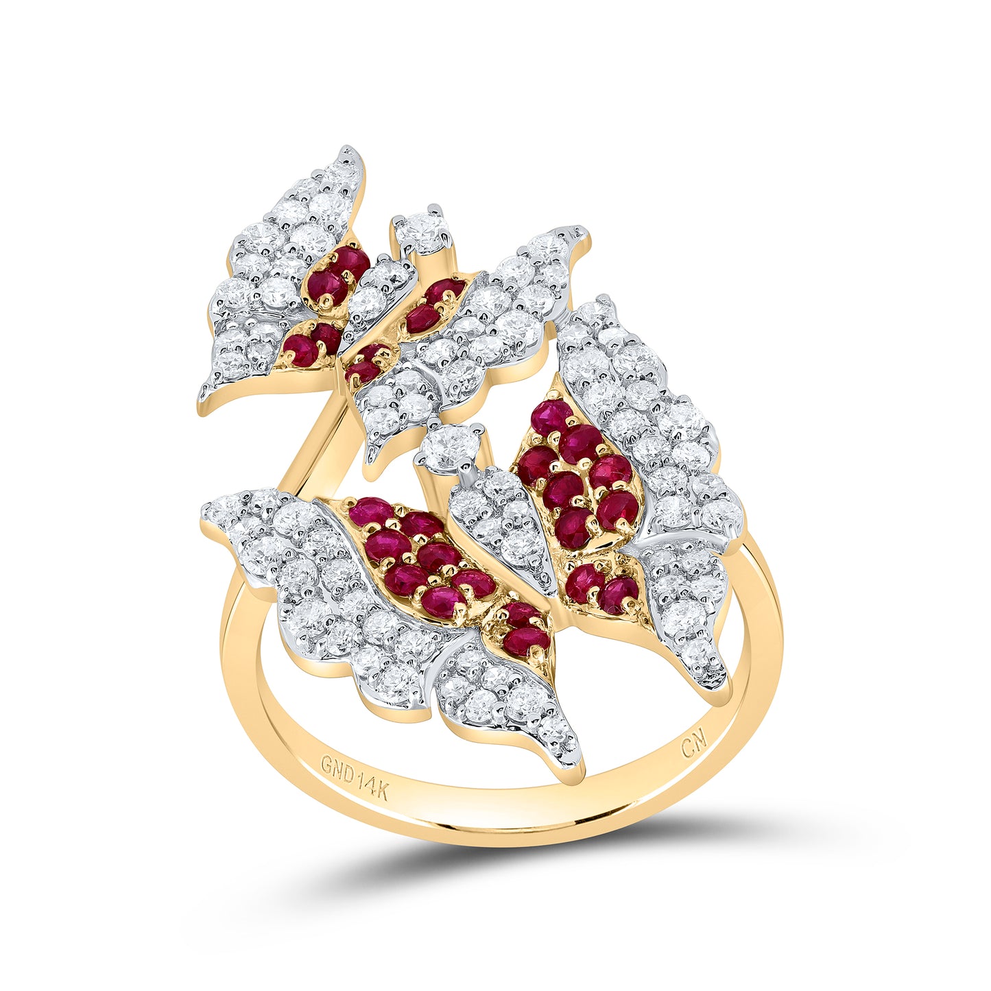14kt Yellow Gold 3/4 Cttw Natural Diamond and 1/2 Cttw Round Ruby Natural Gem Wedding Engagement Anniversary Butterfly Ring, Women Size: 5-9