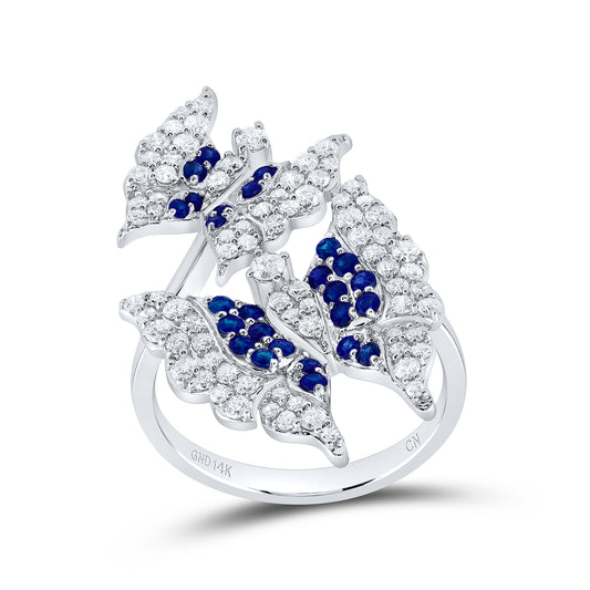 14kt White Gold 3/4 Cttw Natural Diamond and 1/2 Cttw Round Blue Sapphire Natural Gem Wedding Engagement Anniversary Butterfly Ring, Women Size: 5-9