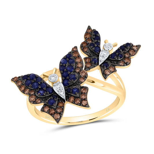 14kt Yellow Gold 3/8 Cttw Natural Diamond 3/8 Cttw Round Blue Sapphire Natural Gem Wedding Engagement Anniversary Butterfly Ring, Women Size: 5-9