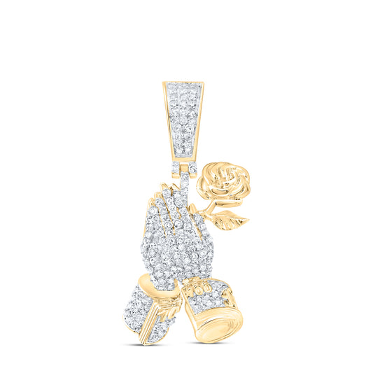 10kt Yellow Gold 1/2 Cttw Natural Diamond Rose With Praying Hand Mens Charm