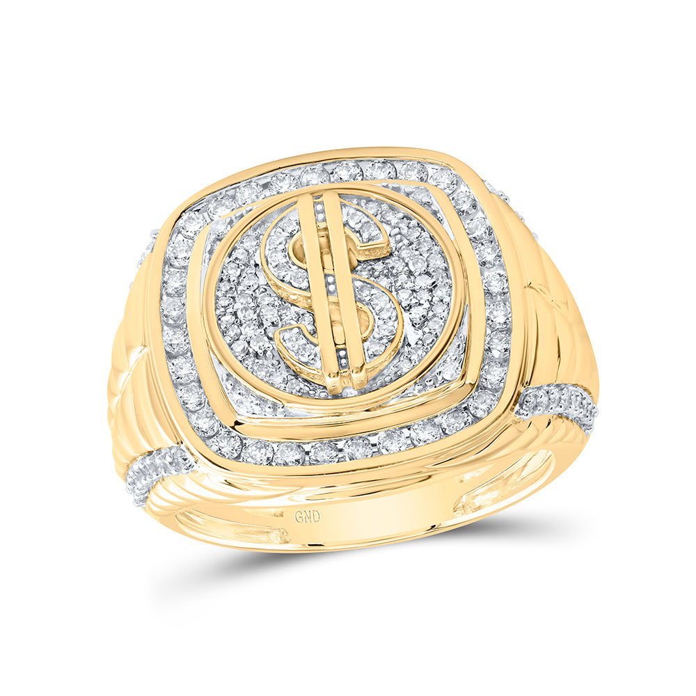 10kt Yellow Gold 1 Cttw Natural Diamond Dollar Sign Men's Ring, Men Size: 8-12