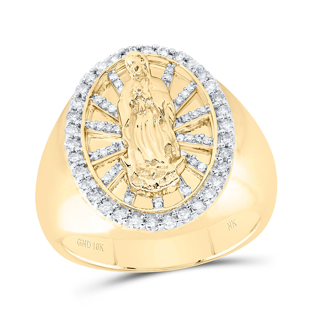 10kt Yellow Gold 5/8 Cttw Natural Diamond Mother Mary Mens Ring, Men Size: 8-12