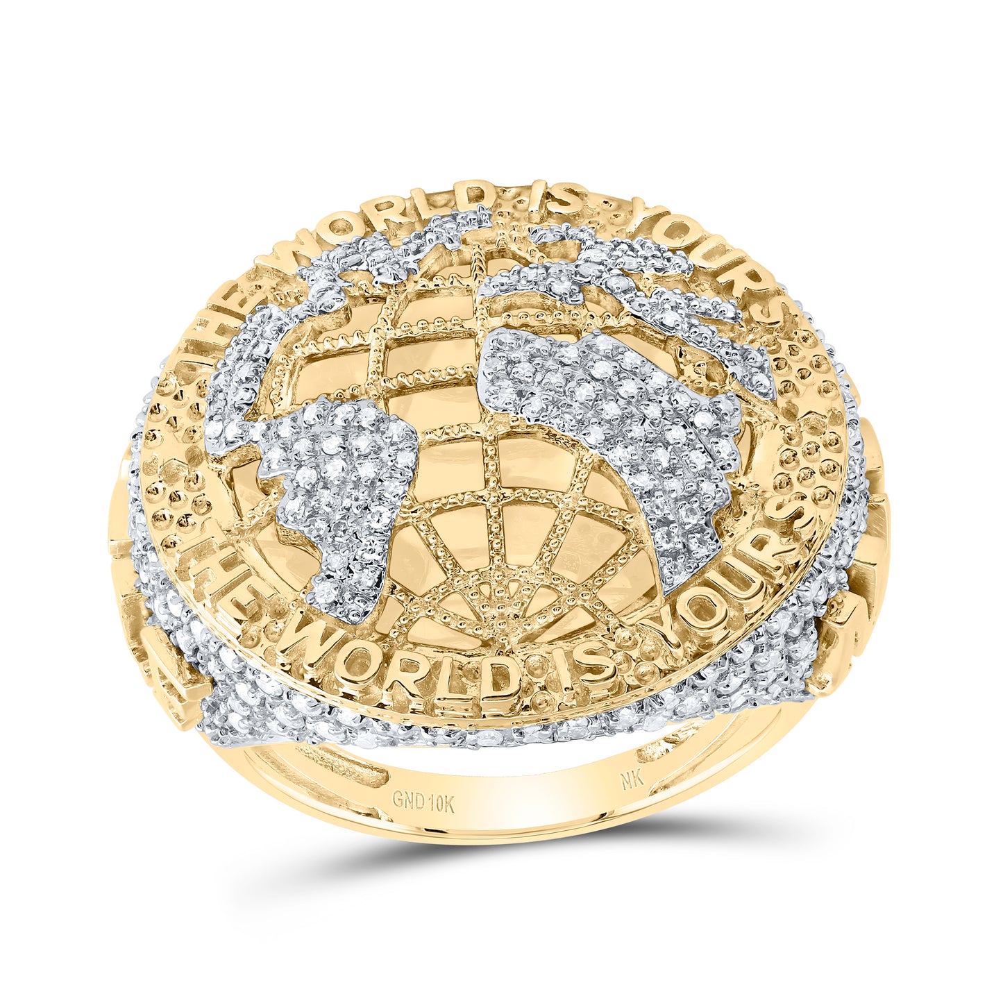 10kt Yellow Gold 1 3/8 Cttw Natural Diamond " The World Is Yours" Mens Ring, Men Size: 8-12