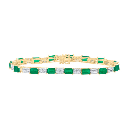 10kt Yellow Gold 1 3/8 Cttw Natural Diamond 6x4 Mm Emerald Emerald Synthetic Bracelet, Length: 7 Inch