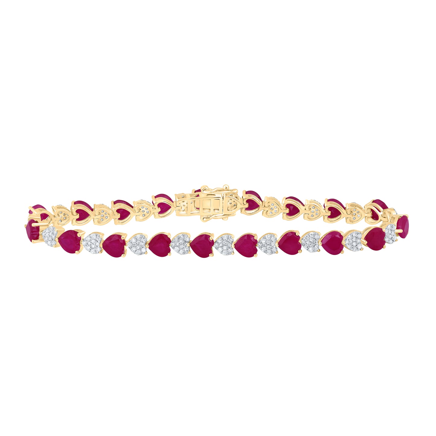 10kt Yellow Gold 1 1/5 Cttw Natural Diamond 5x5 Mm Heart Ruby Synthetic Bracelet, Length: 7 Inch
