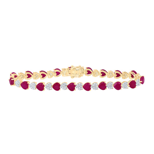10kt Yellow Gold 1 1/5 Cttw Natural Diamond 5x5 Mm Heart Ruby Synthetic Bracelet, Length: 7 Inch