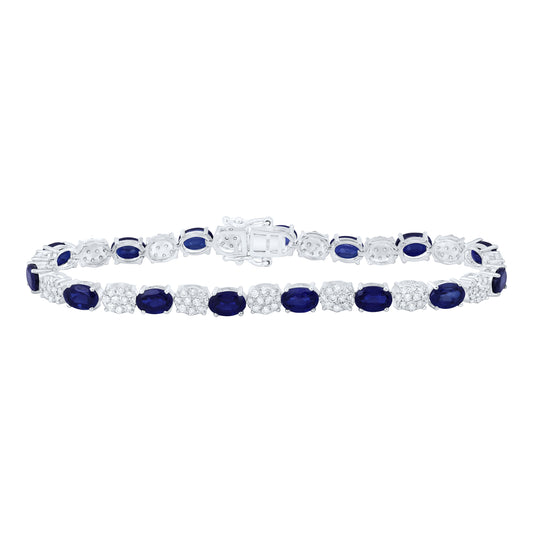 10K White Gold 1 3/8 Ctw Natural Diamond 6X4 MM Oval Blue Sapphire Synthetic Bracelet (7 Inch)