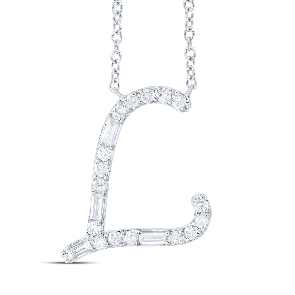 10kt Yellow Or White Gold Natural Diamond Initial Fashion Baguette Necklace, Length: 18 Inch