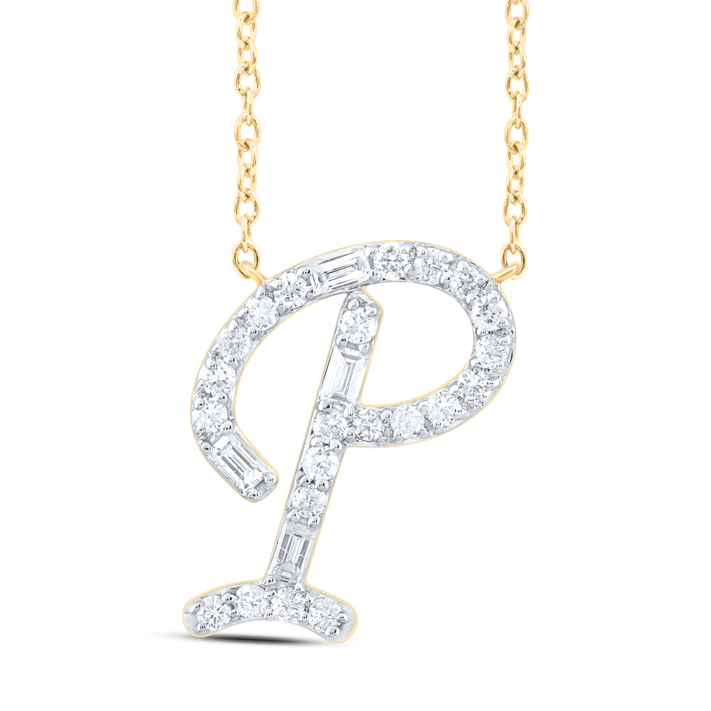 10kt Yellow Or White Gold Natural Diamond Initial Fashion Baguette Necklace, Length: 18 Inch