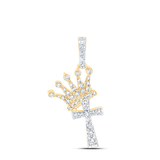 10kt Yellow Gold 1/3 Cttw Natural Diamond Fashion Crown Cross Ladies Pendant