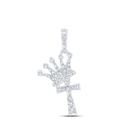 10kt White Gold 1/3 Cttw Natural Diamond Fashion Crown Cross Ladies Pendant