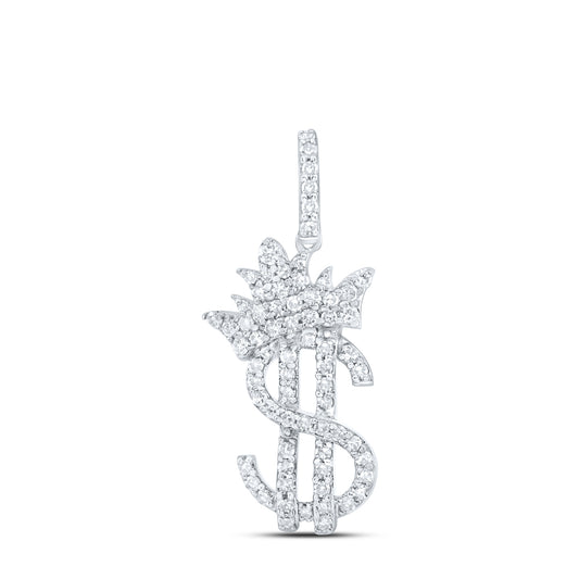 10kt White Gold 3/8 Cttw Natural Diamond Fashion Crown Dollar Sign Ladies Pendant