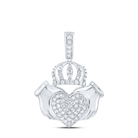 10kt White Gold 3/8 Cttw Natural Diamond Fashion Crown Heart Ladies Pendant