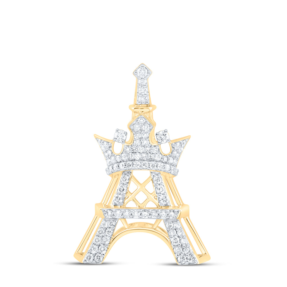10kt Yellow Gold 3/4 Cttw Natural Diamond Fashion Crown Eiffel Tower Ladies Pendant