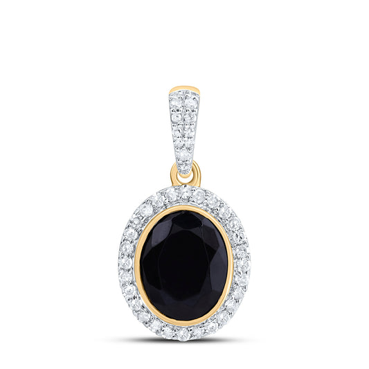 10kt Yellow Gold 1/4 Cttw Diamond 9x7 Mm Oval Onyx Black Pendant