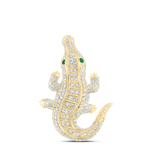 14kt Yellow Gold 2 3/8 Cttw Diamond Ana M and 1/10 Cttw Round Emerald Crocodile Natural Gem Pendant