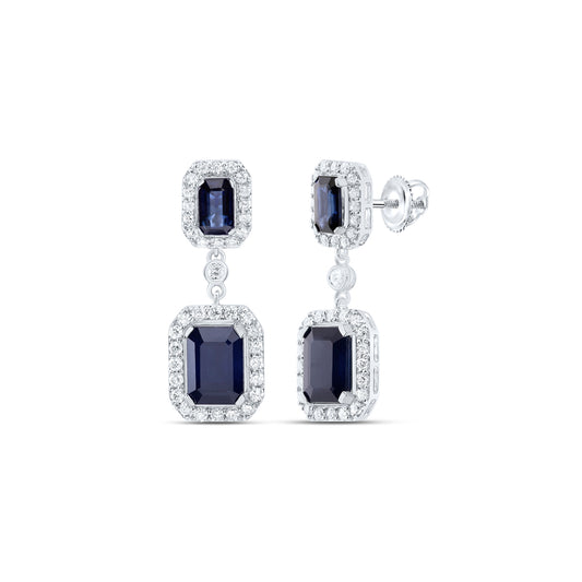 14kt White Gold 1/2 Cttw Diamond Ana M 5x3mm Emerald Blue Sapphire, 7x5mm Emerald Blue Sapphire, Natural Gem Dangling Earring