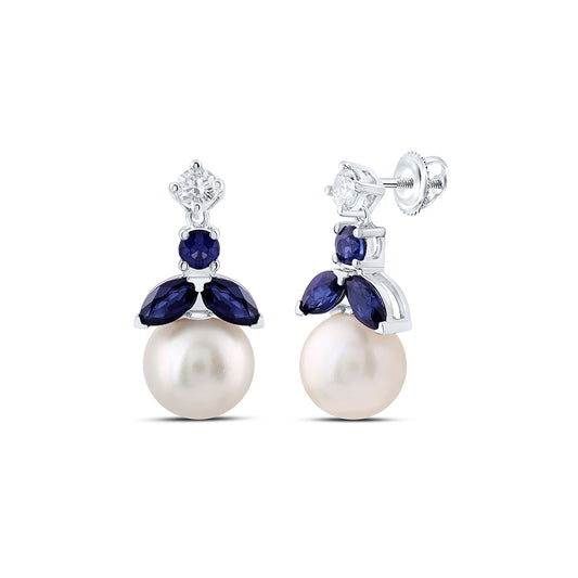 14kt White Gold 1/10 Cttw Diamond Ana M and 1/2 Cttw Blue Sapphire, 6mm-pearl Natural Gem Earring