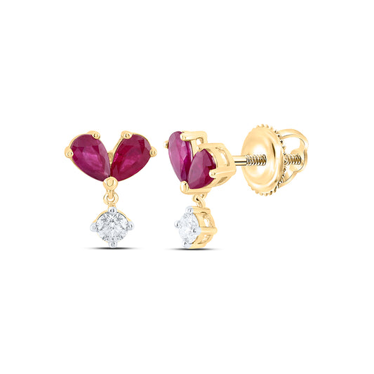 14kt Yellow Gold 1/6 Cttw Diamond Ana M 5x3mm Pear Ruby Natural Gem Dangling Earring