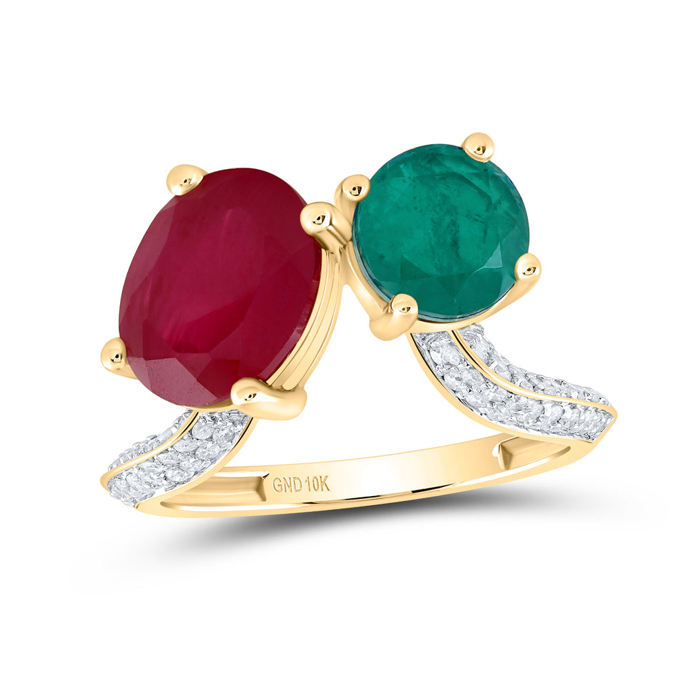 10kt Yellow Gold 1/3 Cttw Diamond 10x8mm Ov Ruby,7mm Round Emerald Synthetic Wedding Engagement Anniversary Ring, Women Size: 5-9