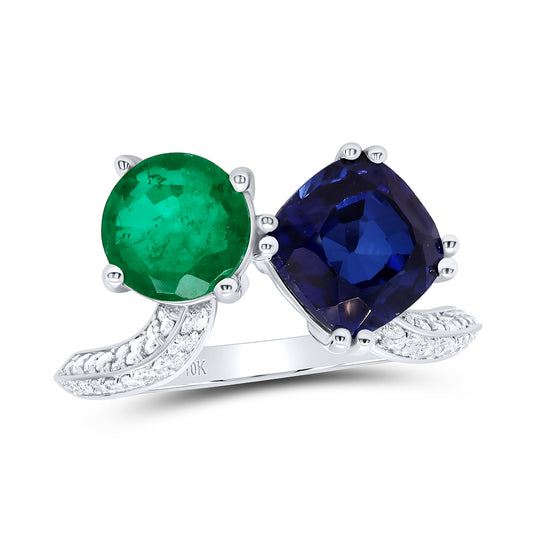 10kt White Gold 1/4 Cttw Diamond 8mm Cushion Sapphire,7mm Round Emerald Synthetic Wedding Engagement Anniversary Ring, Women Size: 5-9