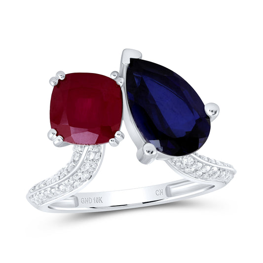 10kt White Gold 1/4 Cttw Diamond 11x7 Mm Pear Blue Sapphire,7 Mm Cushion Ruby Synthetic Wedding Engagement Anniversary Ring, Women Size: 5-9