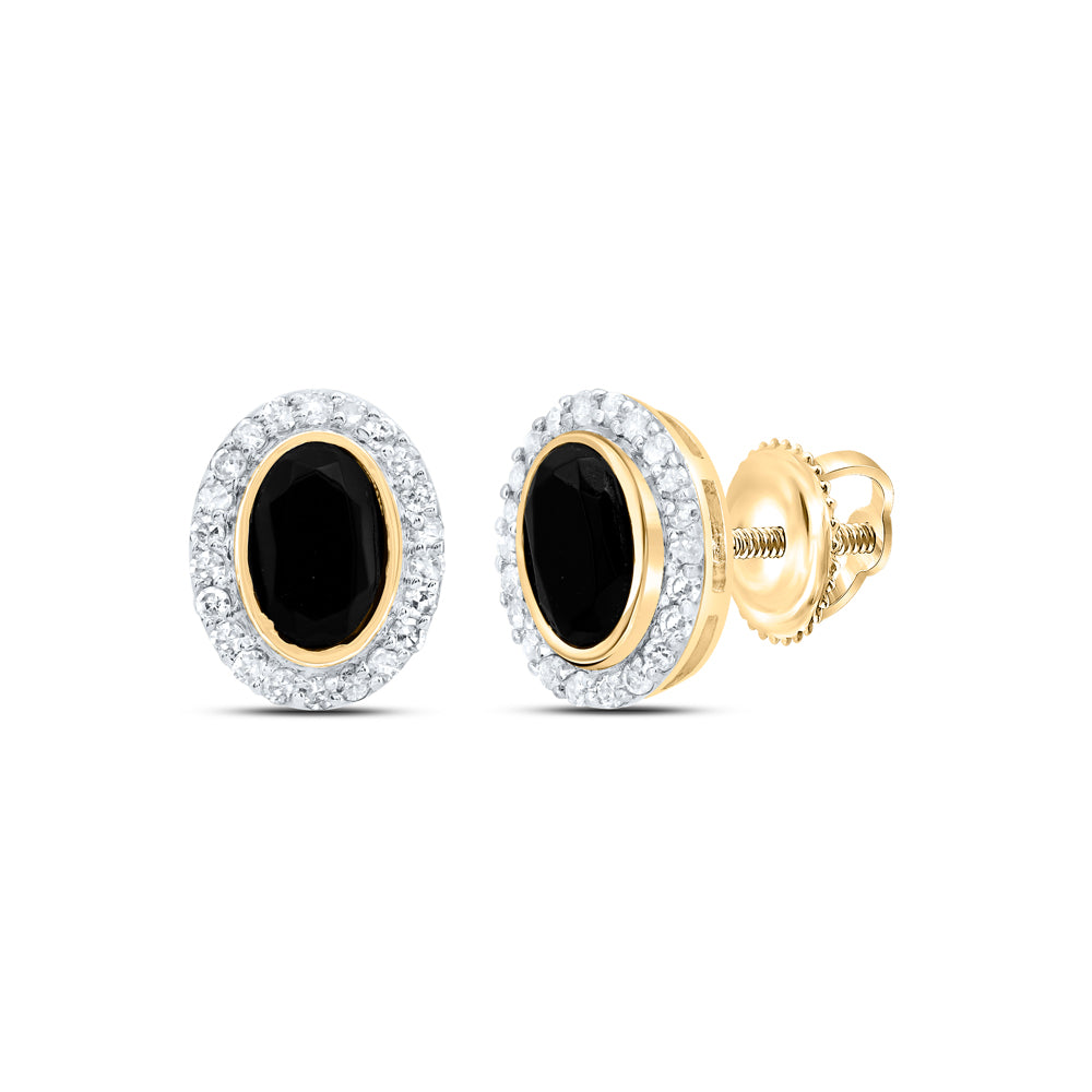 10kt Yellow Gold 1/5 Cttw Diamond 6x4 Mm Oval Onyx Black Earring