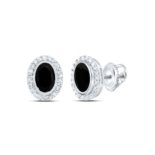 10kt White Gold 1/5 Cttw Diamond 6x4 Mm Oval Onyx Black Earring