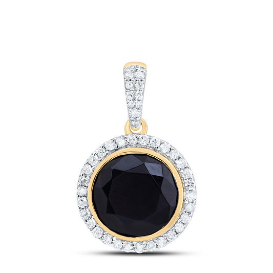 10kt Yellow Gold 1/4 Cttw Diamond 9 Mm Round Onyx Black Pendant