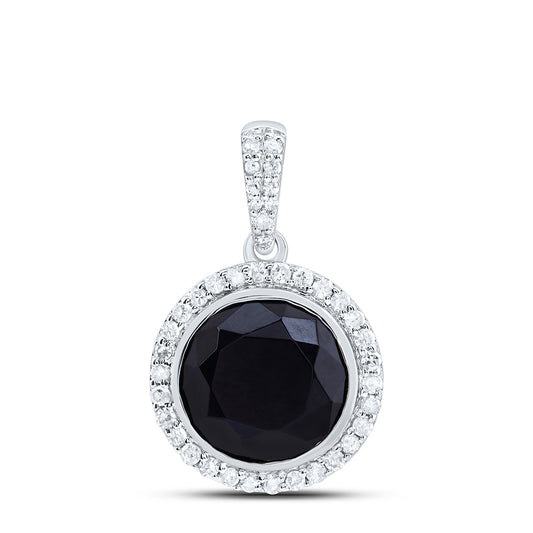 10kt White Gold 1/4 Cttw Diamond 9 Mm Round Onyx Black Pendant