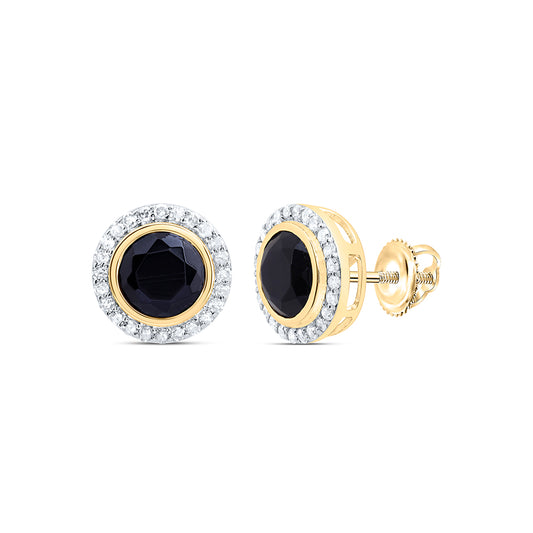 10kt Yellow Gold 1/4 Cttw Diamond 6 Mm Round Onyx Black Earring