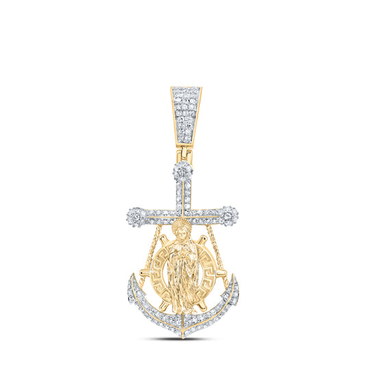 10kt Yellow Gold 5/8 Cttw Diamond Cross Anchor Mother Mary Mens Charm