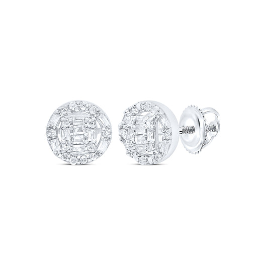 10kt White Gold 1/5 Cttw Diamond Round Baguette Earring