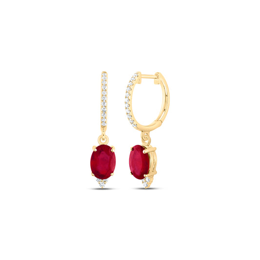 14kt Yellow Gold 1/6 Cttw Diamond Ana M 7x5mm Oval Ruby Natural Gem Dangling Earring