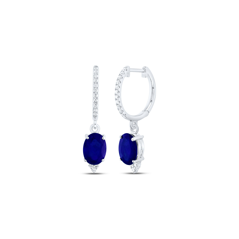 14kt White Gold 1/6 Cttw Diamond Ana M 7x5mm Oval Blue Sapphire Natural Gem Dangling Earring
