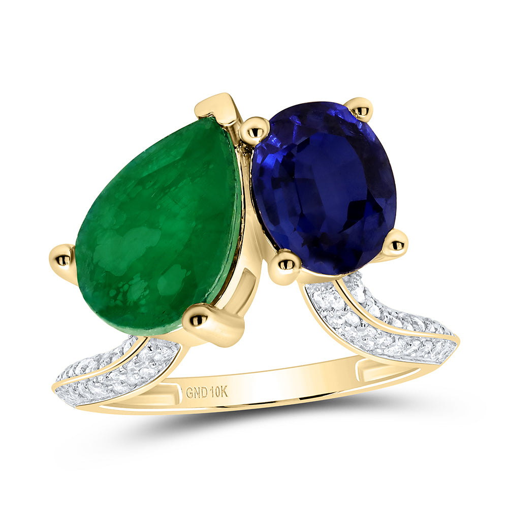 10kt Yellow Gold 1/3 Cttw Diamond 12x8 Mm Pear em, 9x7 Mm Oval Blue Sapphire Synthetic Wedding Engagement Anniversary Ring, Women Size: 5-9