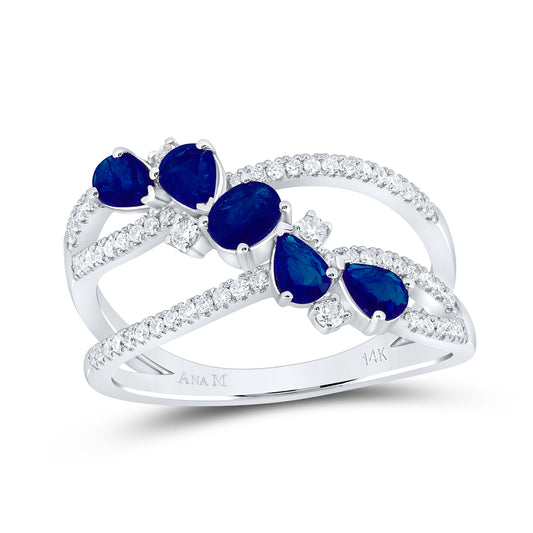 14kt White Gold 1/4 Cttw Diamond Ana M and 1/3 Cttw Oval Blue Sapphire,7/8 Cttw-ps Blue Sapphire Natural Gem Bridal Wedding Engagement Anniversary Ring, Women Size: 5-9