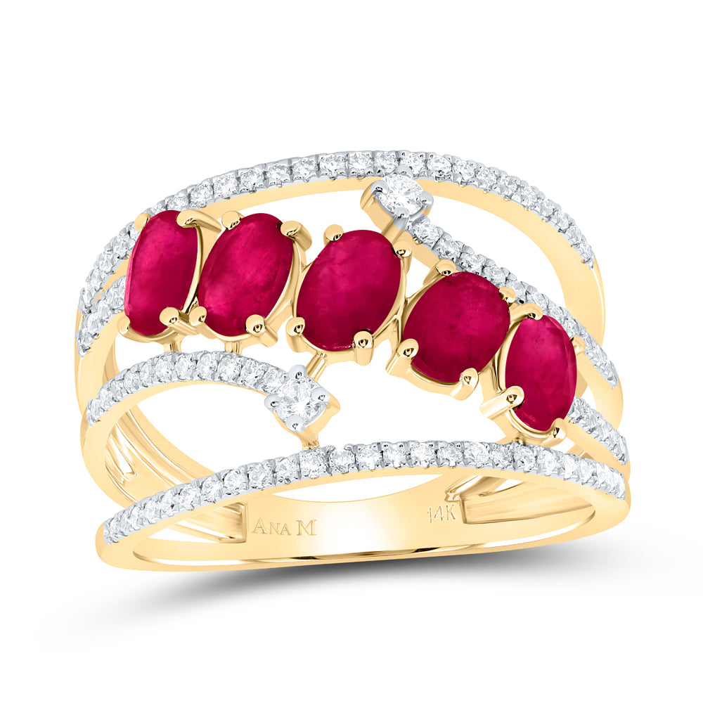 14kt Yellow Gold 1/3 Cttw Diamond Ana M 2 Cttw Oval Ruby Natural Gem Bridal Wedding Engagement Anniversary Ring, Women Size: 5-9